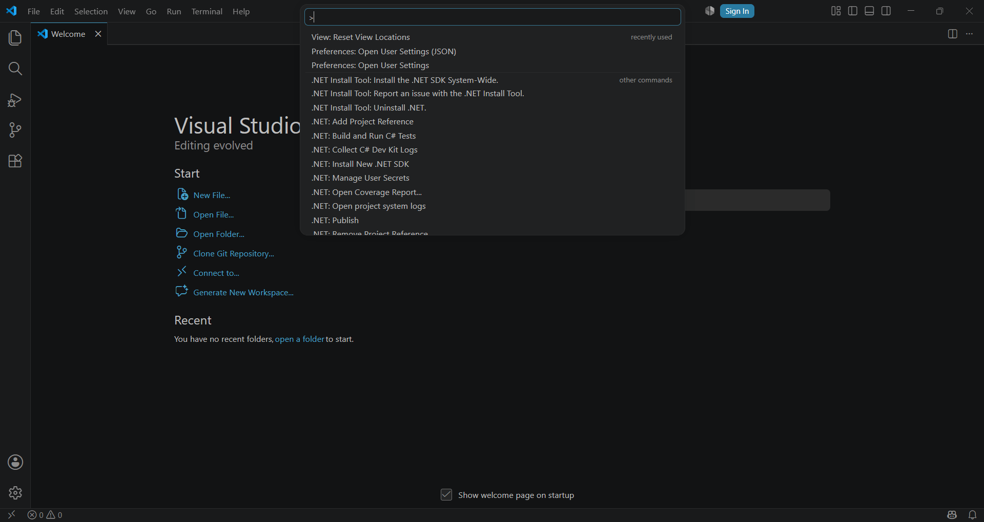 The VS Code Command Palette open at the top of the window