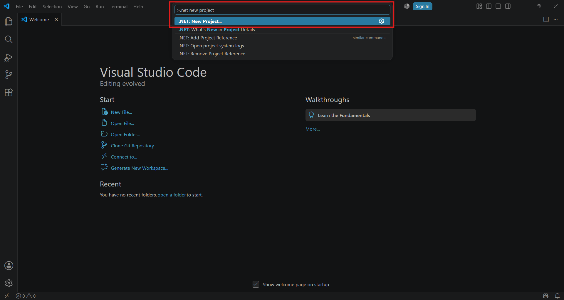 The Command Palette showing the .NET: New Project command selected
