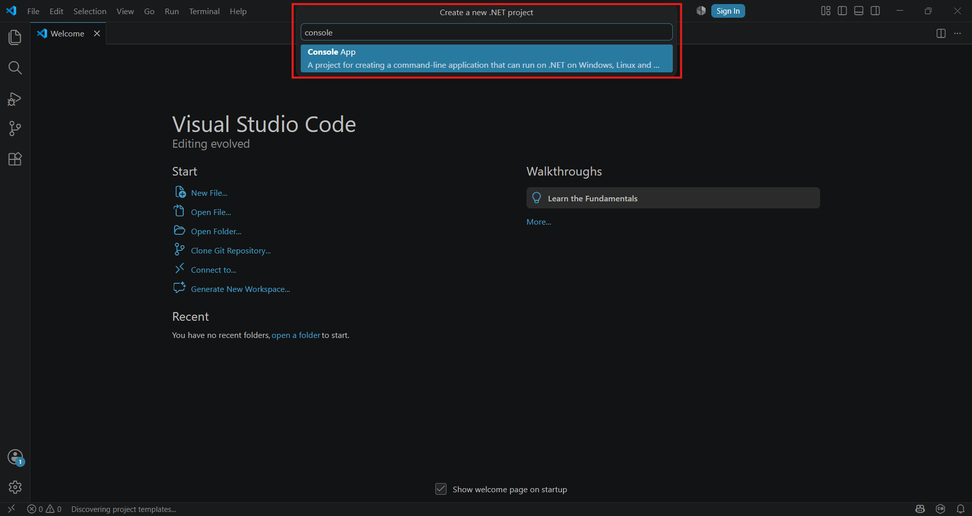 The project templates list with Console App selected