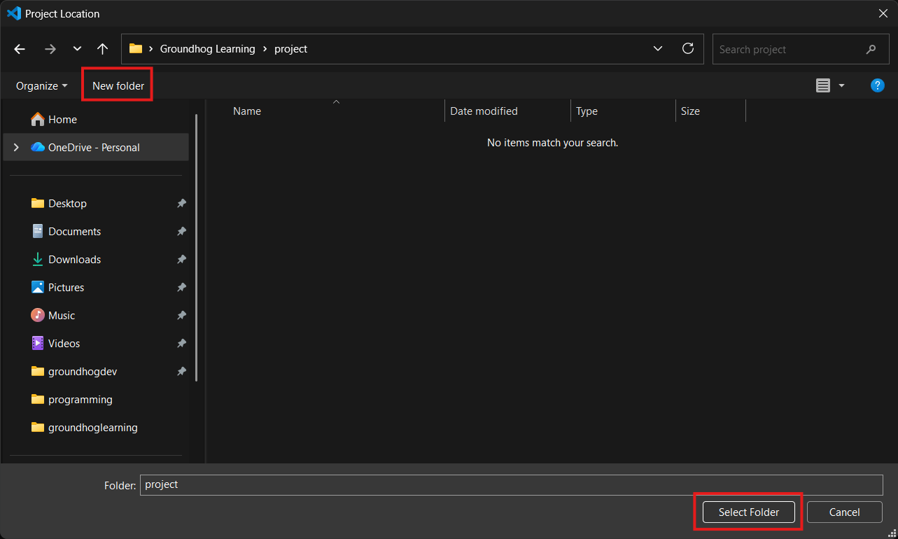 The folder selection dialog for choosing where the project is created