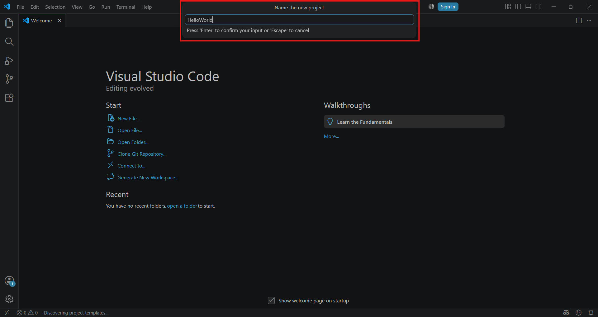 The Command Palette prompting for a project name
