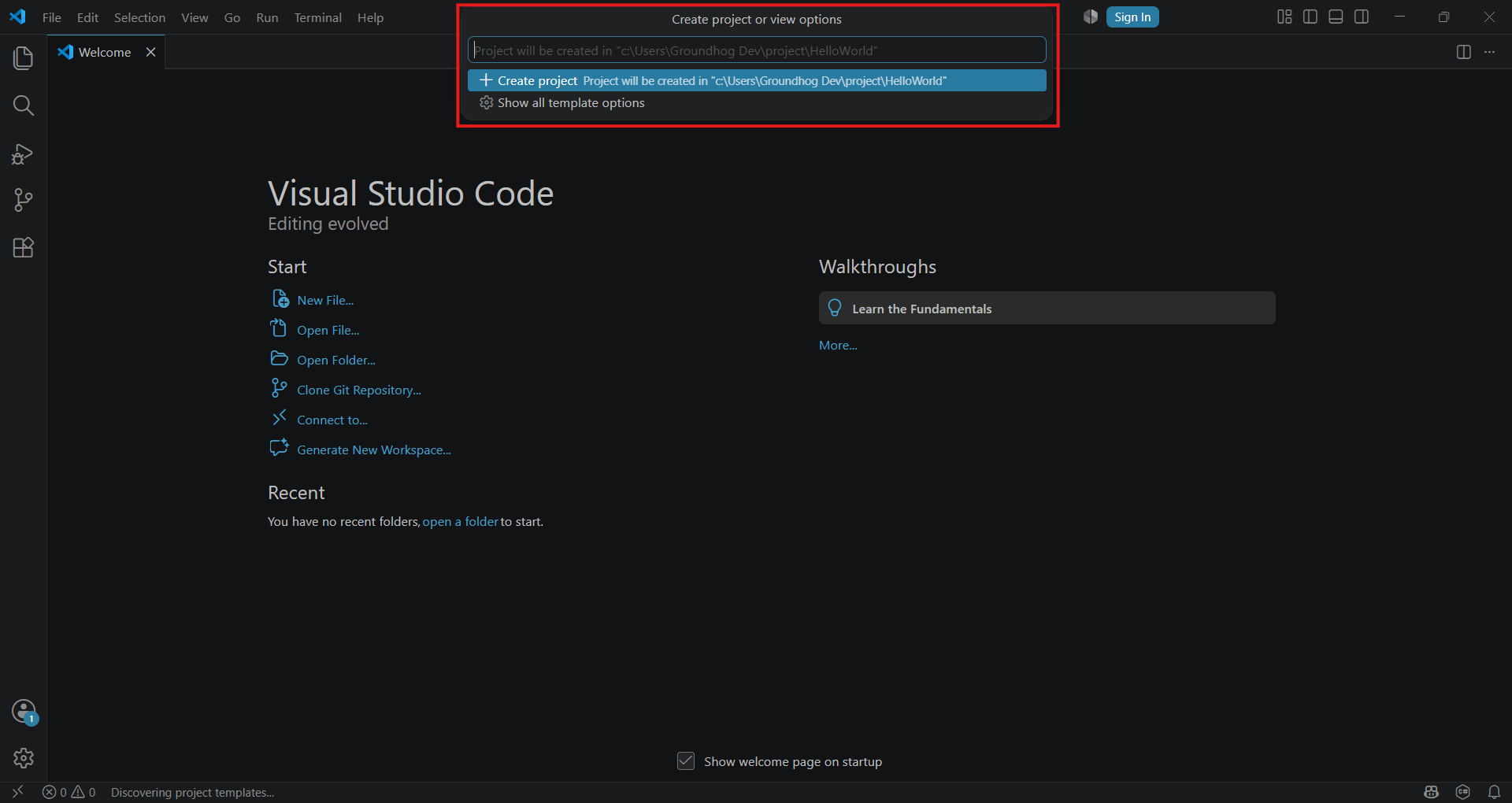 The Command Palette prompting to confirm the project folder location