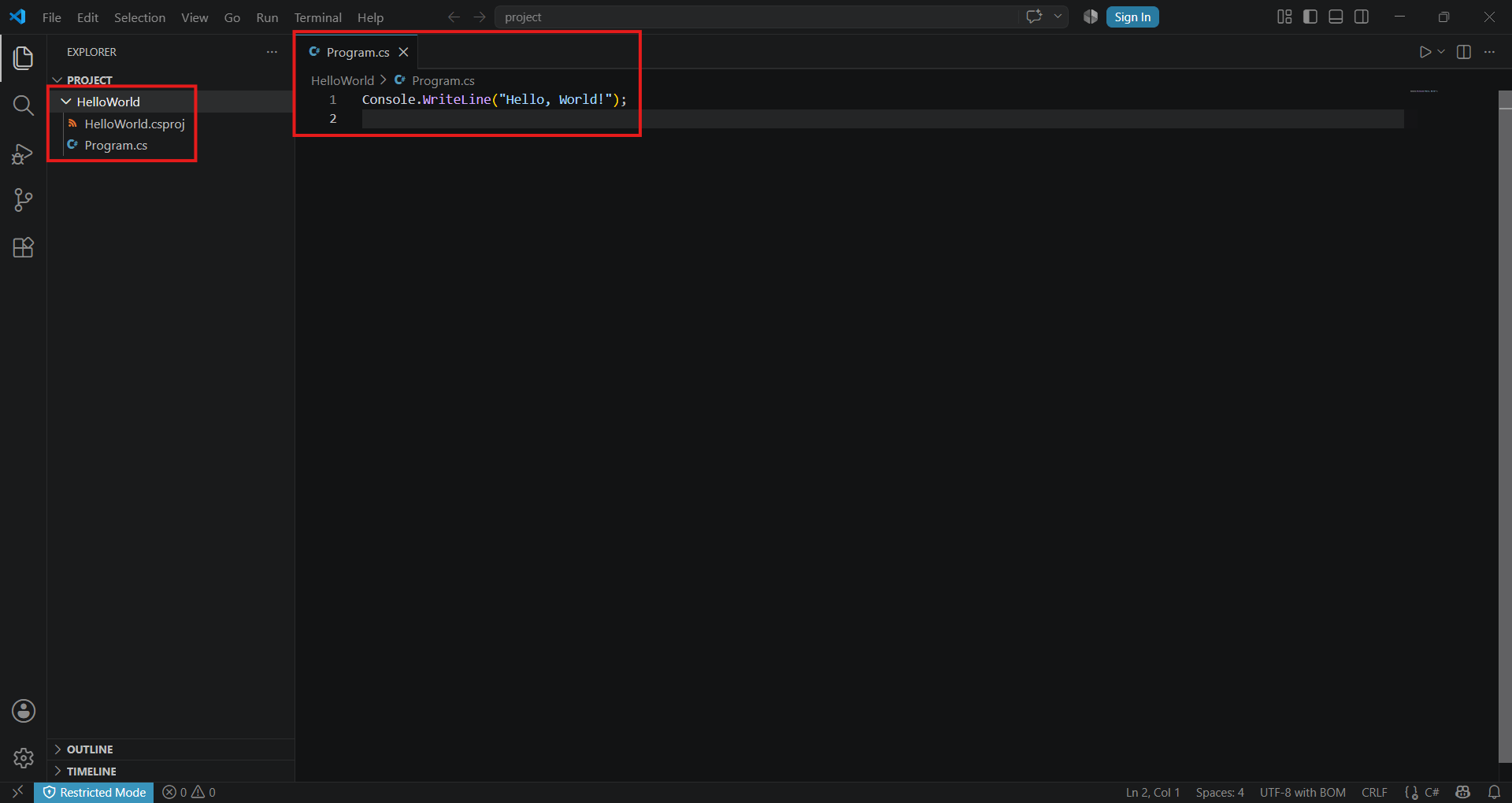 The VS Code file explorer showing the new project with Program.cs and the .csproj file