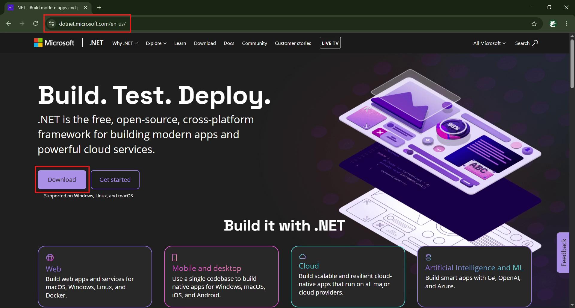The dotnet.microsoft.com home page with the Download button highlighted