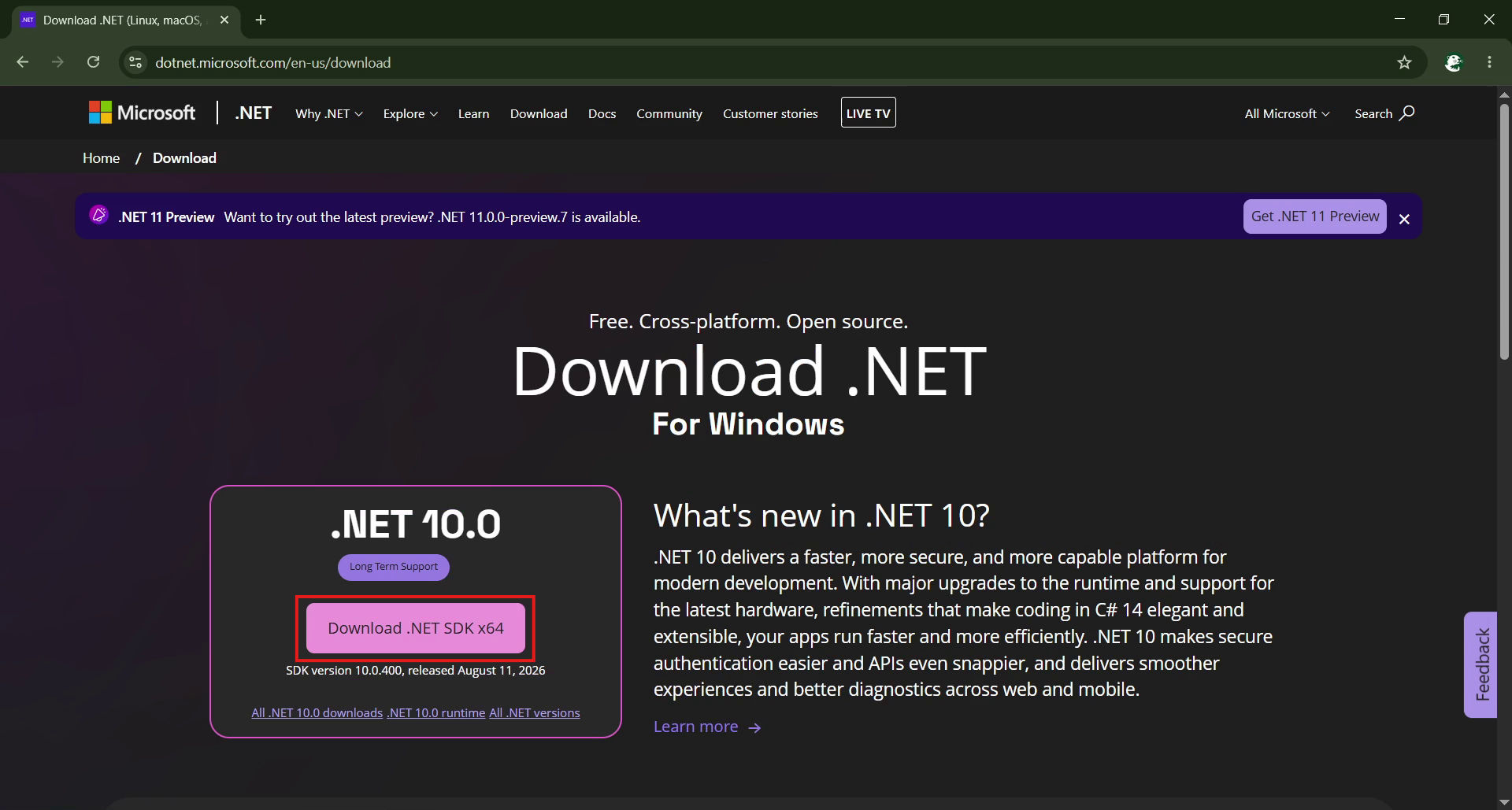 The download page with the .NET SDK option selected
