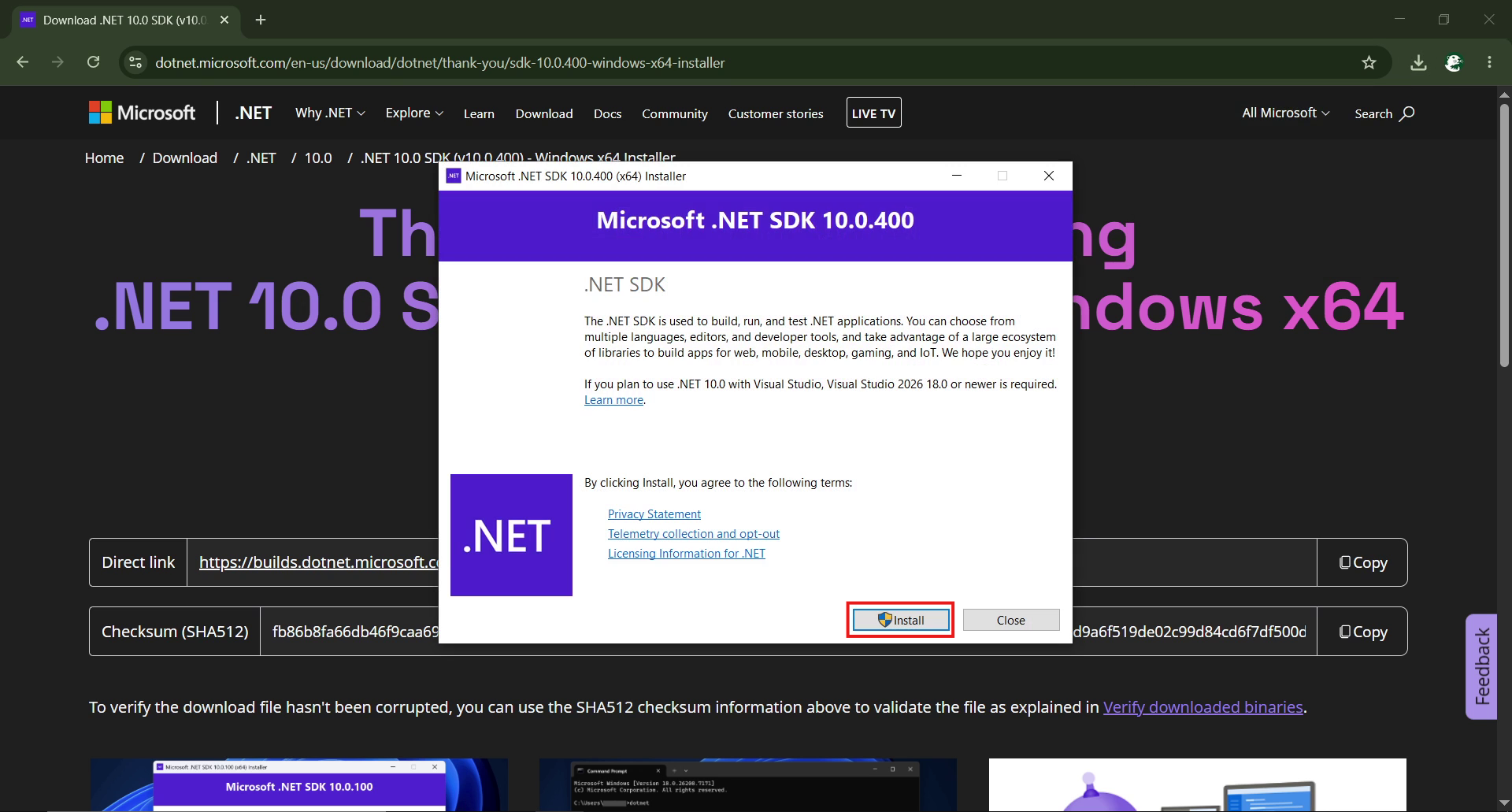 The installer wizard showing the default installation options