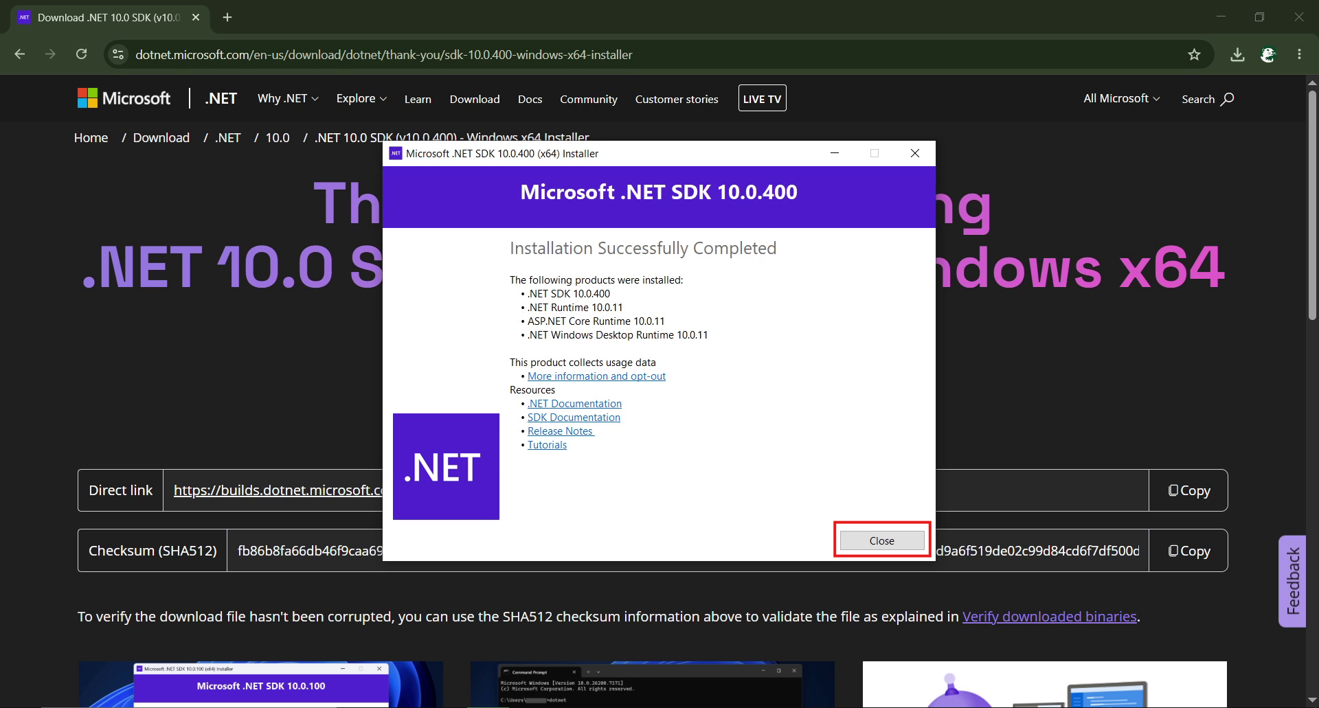 The installer completion screen with the Close button