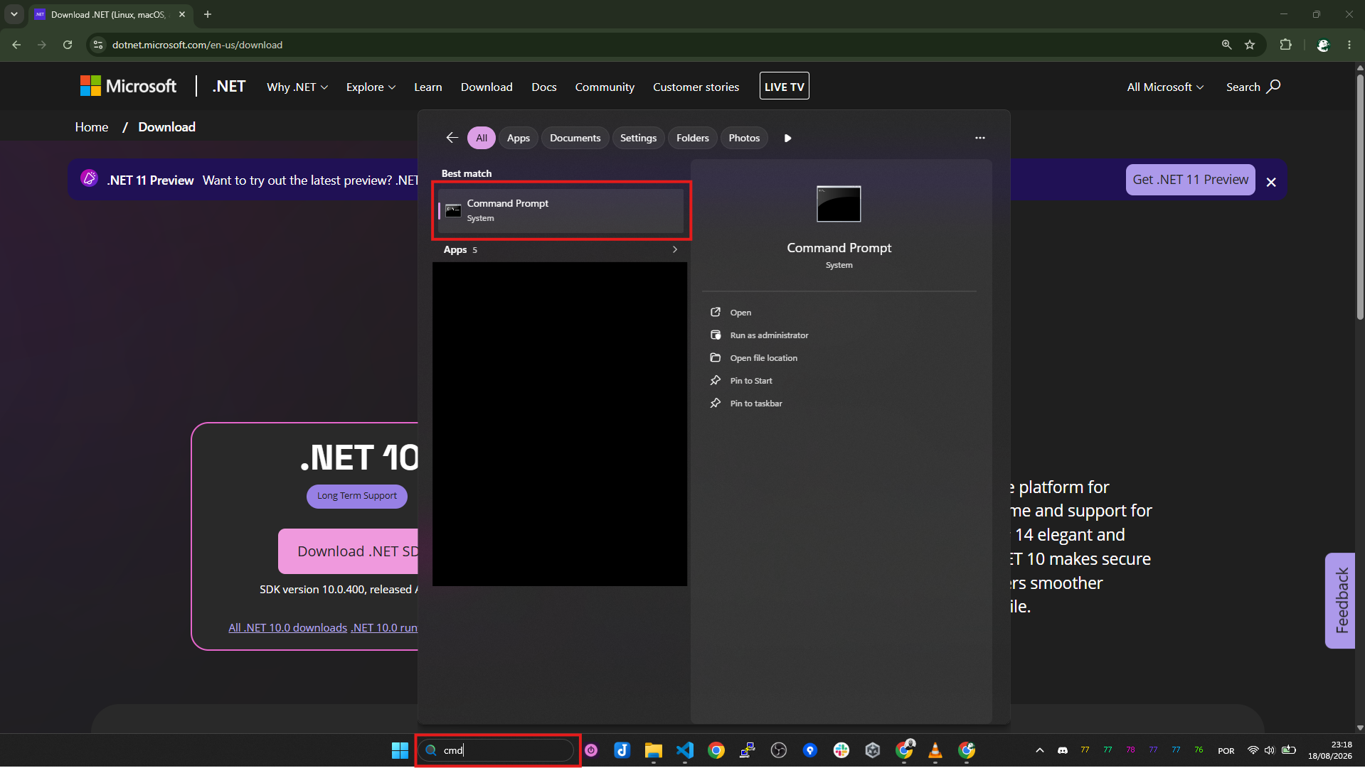 The Windows Command Prompt window open and ready for input