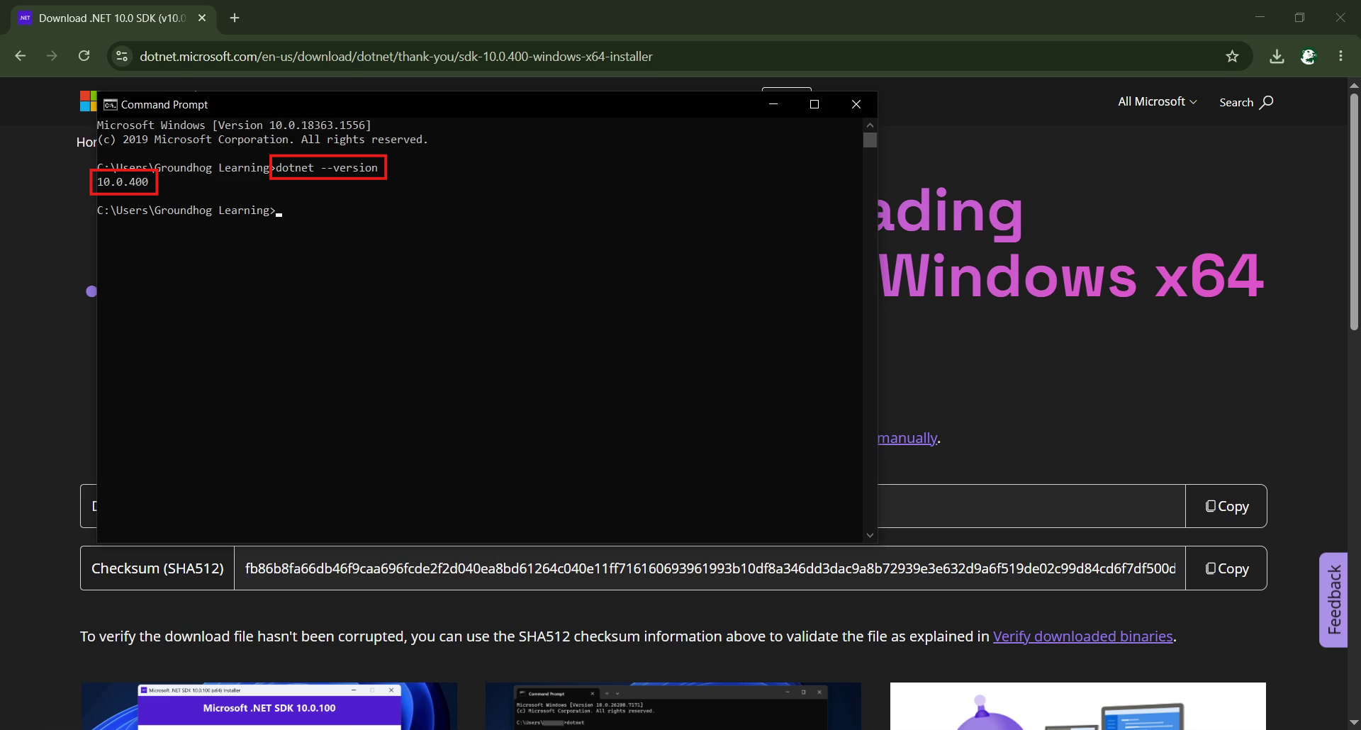 The Command Prompt showing a version number printed by the dotnet --version command