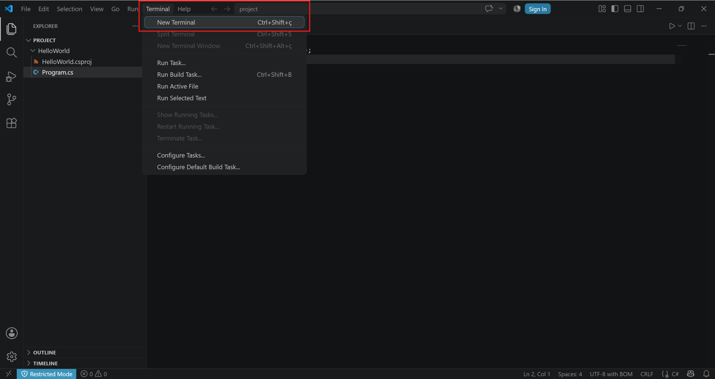 The VS Code built-in terminal opening at the bottom of the window