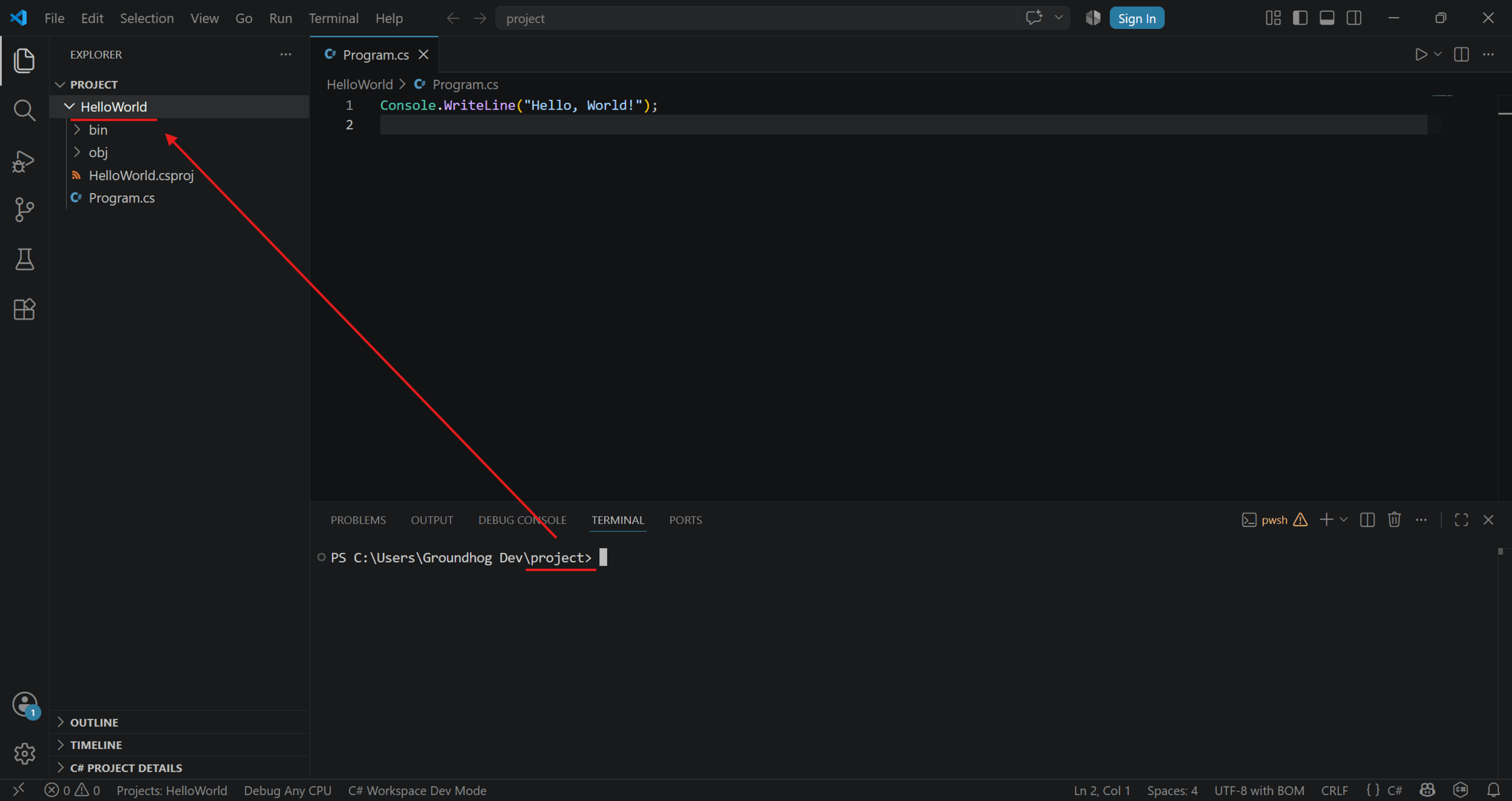 The terminal prompt showing the project folder name as the current folder