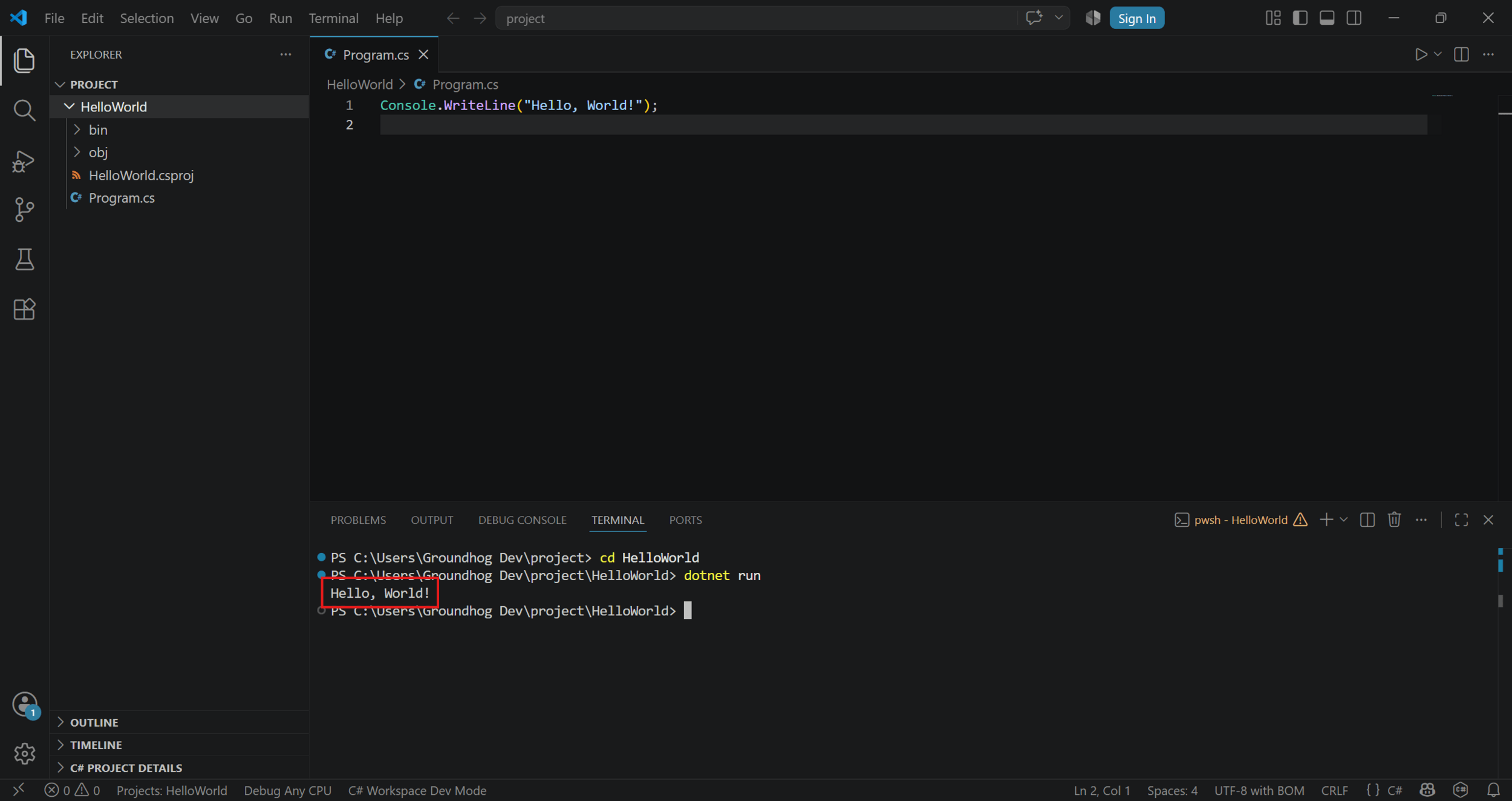 The program output printed in the terminal below the dotnet run command