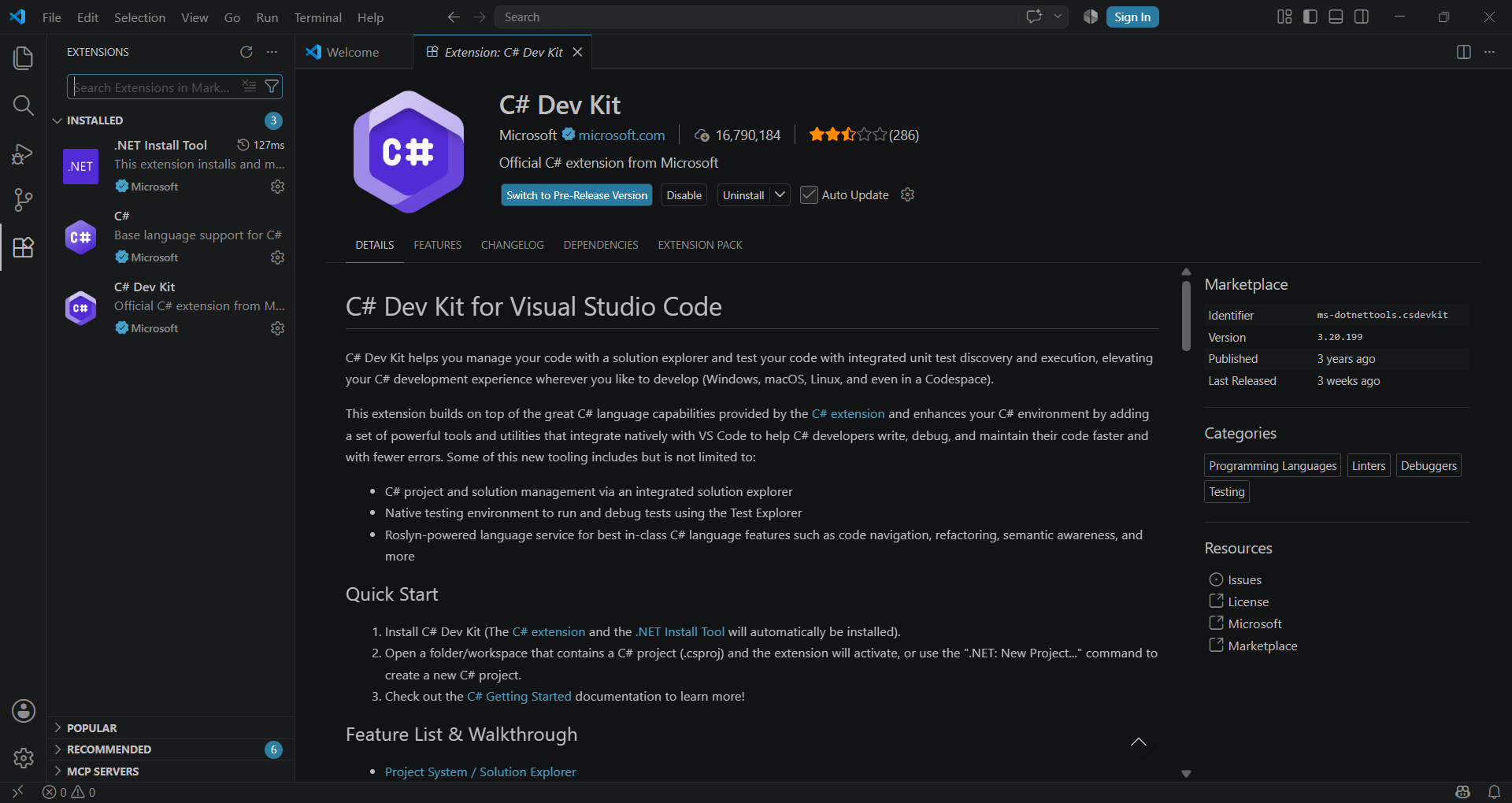 The C# Dev Kit extension listed as installed in the VS Code Extensions panel