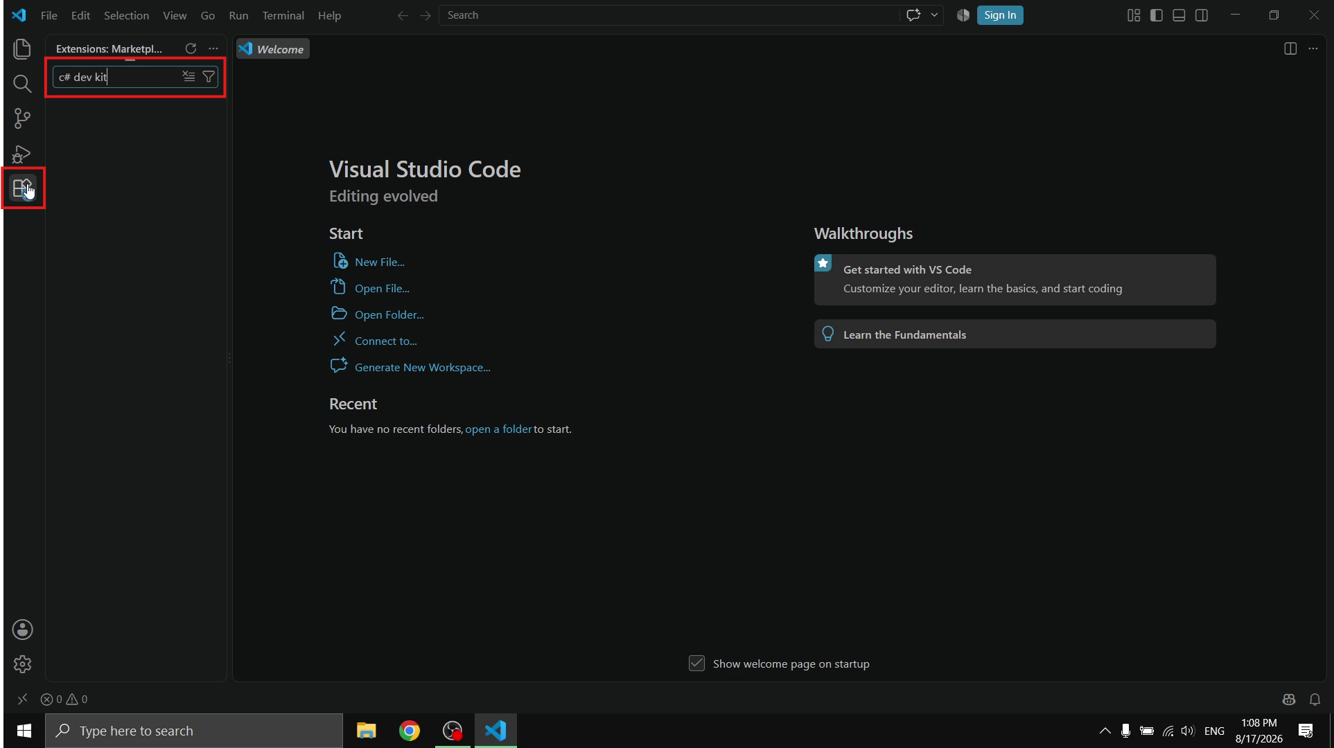 The VS Code Extensions panel with C# Dev Kit typed into the search box