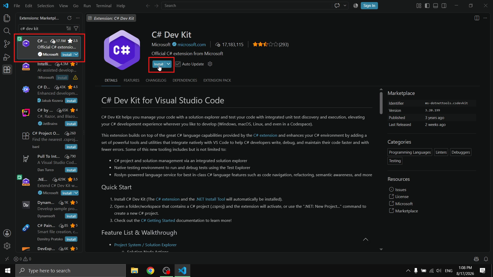 The C# Dev Kit extension by Microsoft in the search results with the Install button highlighted