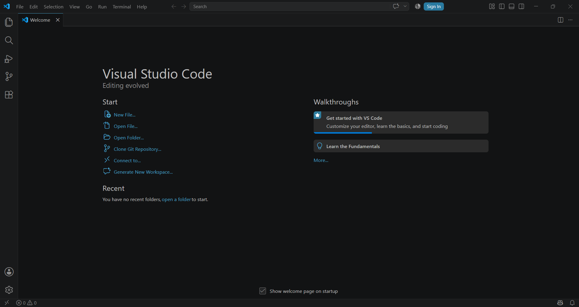 The Visual Studio Code Welcome page
